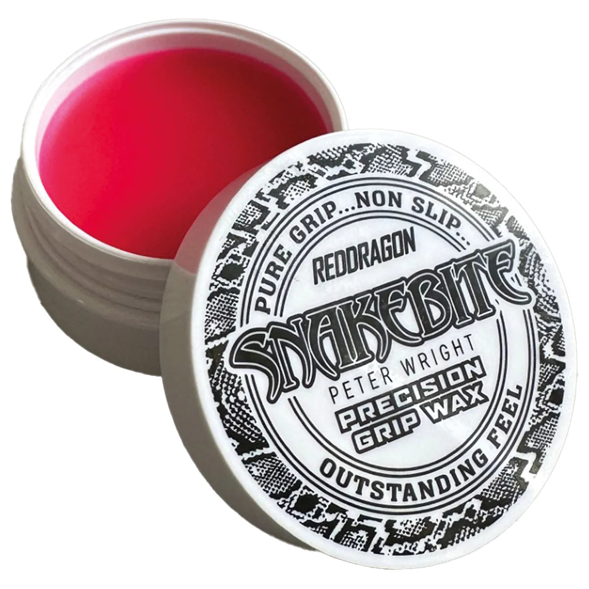 Open Snakebite precision grip wax container for darts, close-up view of pink wax and branded lid, isolated on white background
