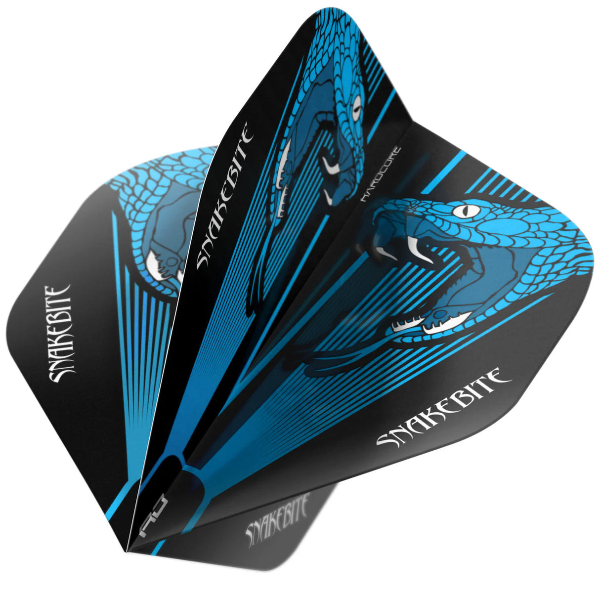 Angled close-up of three dart flights with blue snake graphics and Snakebite text, isolated on white background for dart setup detail.