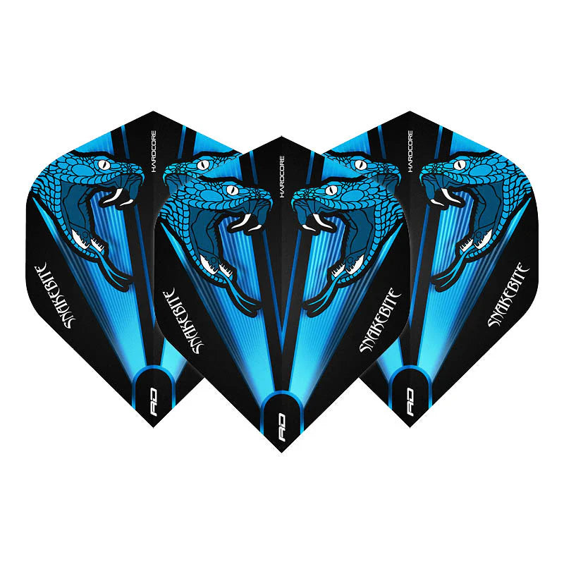 Set of three Snakebite blue dart flights with snake head graphic, standard shape, isolated on white background