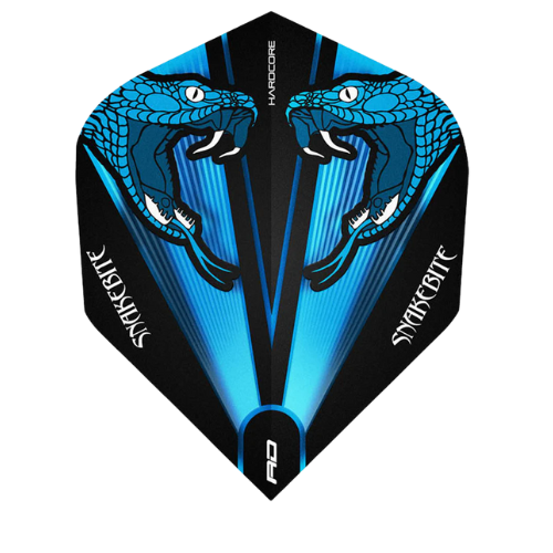 Snakebite Blue No.2 dart flight full view with dual blue snake design, black edges, isolated on white background