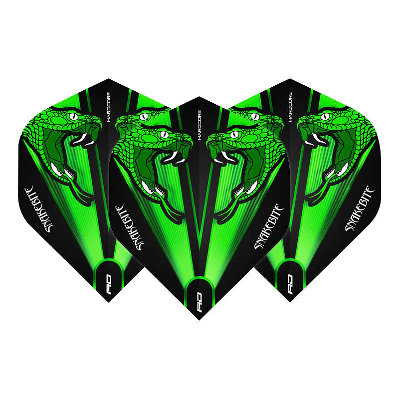 Three Snakebite No.2 dart flights with vivid green snake design, fanned arrangement, isolated on white, showcasing hardcore durable material.