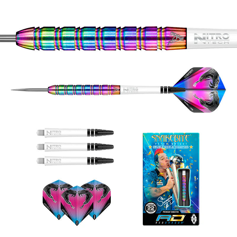 Rainbow tungsten darts set with close-up barrel grip, assembled dart, extra shafts and flights, plus Snakebite packaging on white background