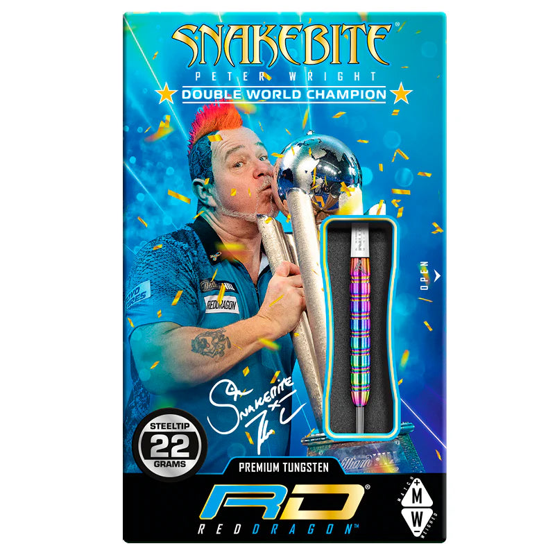 Retail packaging display of Snakebite 1 85% tungsten dart with rainbow grip, steel tip, 22g weight, and one dart visible in foam insert