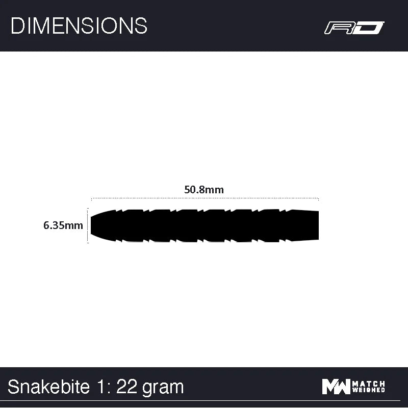 Side view dart barrel diagram showing 50.8mm length and 6.35mm diameter for Snakebite tungsten darts