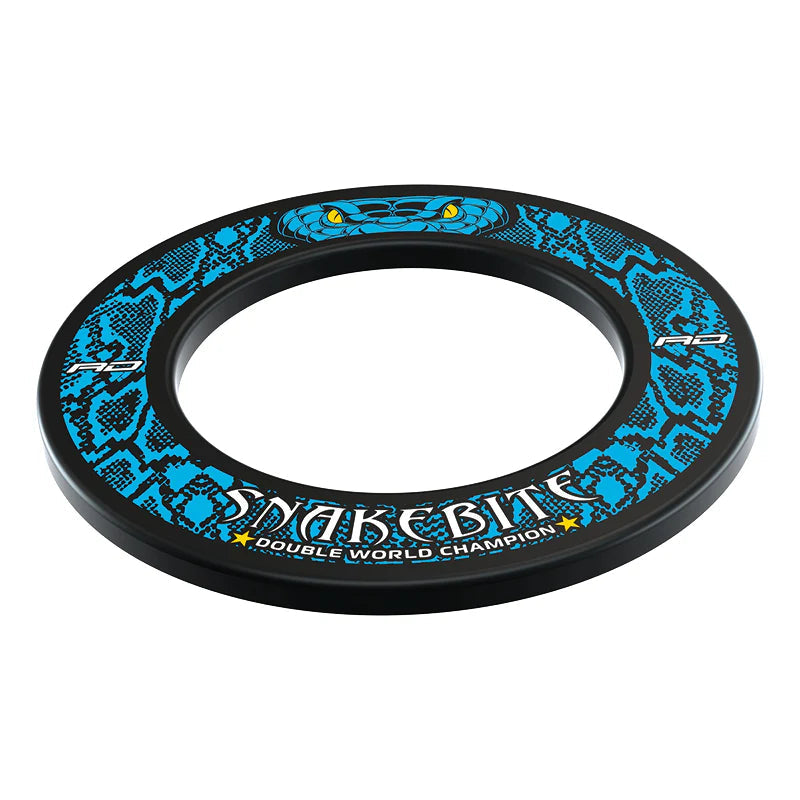 Angled view of Snakebite dartboard surround with blue snake skin design and electric yellow eye graphics, isolated on white background.