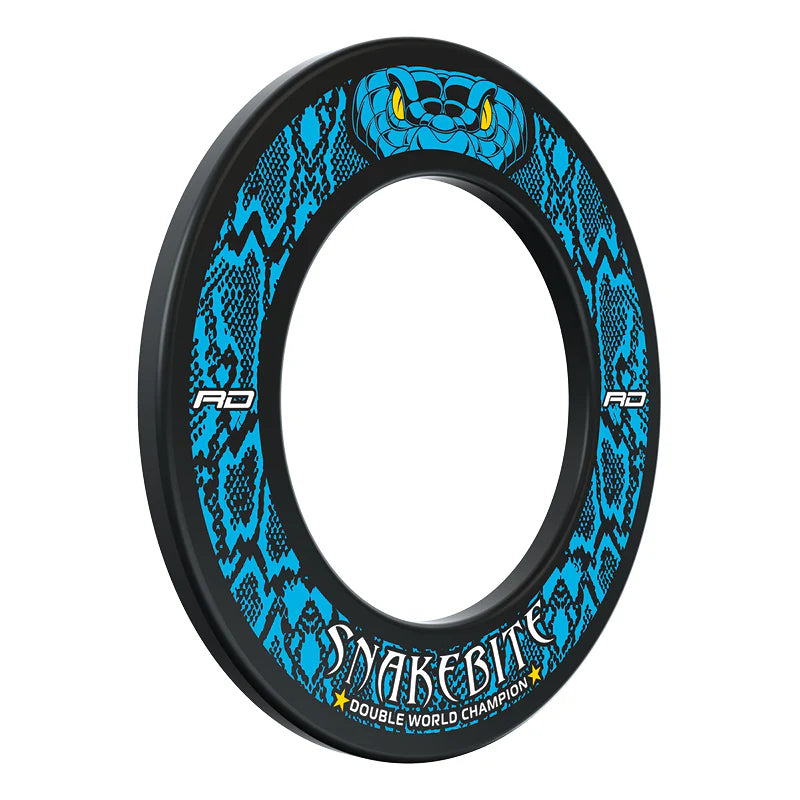 Angled view dartboard surround with blue snake skin pattern, yellow snake eyes, and Snakebite Double World Champion detail