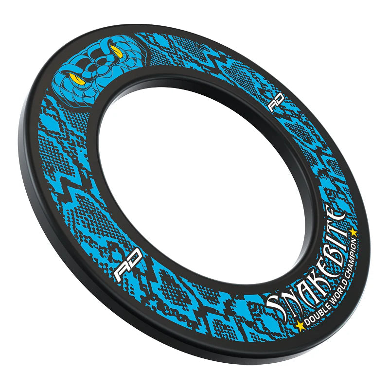 Angled view of Snakebite dartboard surround with blue snake skin pattern, yellow snake eyes, isolated on white for darts setup