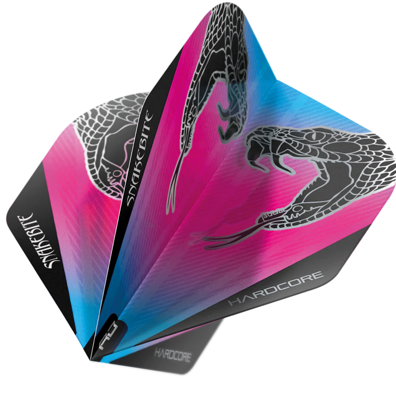 Angled close-up of three assembled dart flights with Snakebite snakehead design, pink-blue gradient, and 'Hardcore' text, isolated on white