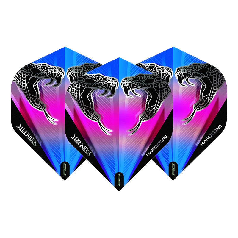 Set of three Snakehead No.2 dart flights in vibrant blue and pink with detailed snake graphics, full product view on white background