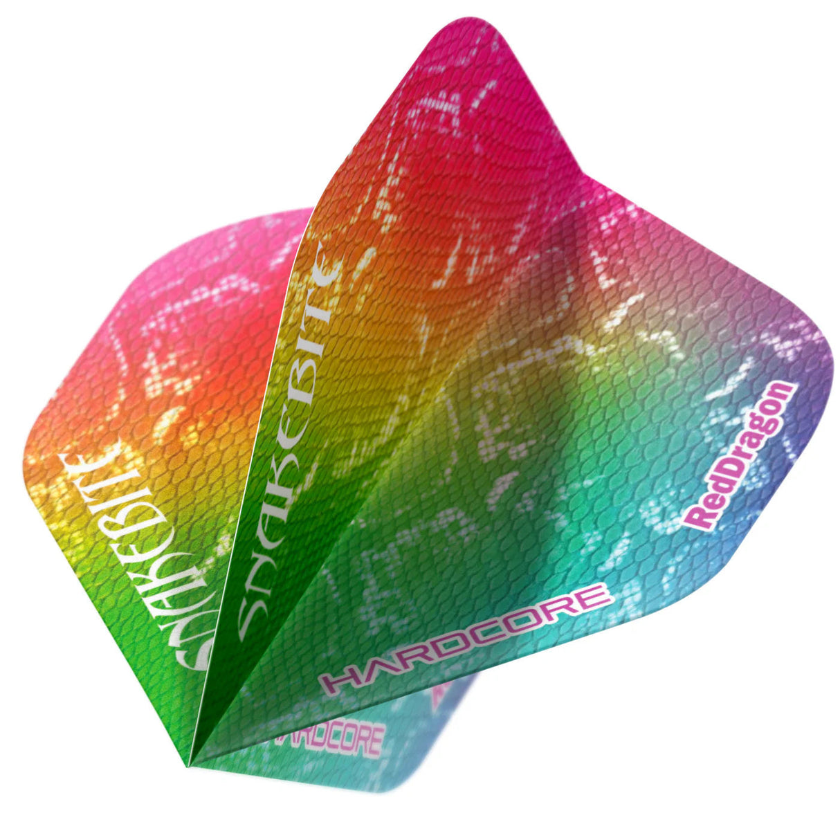 Angled close-up of Peter Wright Snakeskin dart flight with rainbow gradient and textured pattern for darts upgrades