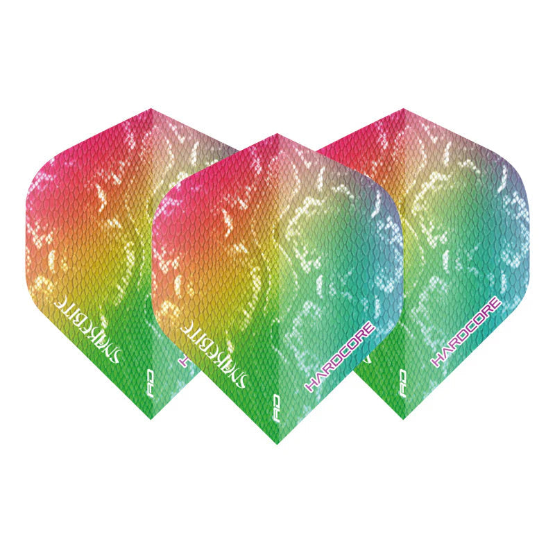 Three Snakeskin Hardcore No.2 dart flights arranged side by side, rainbow gradient with textured pattern, isolated on white background