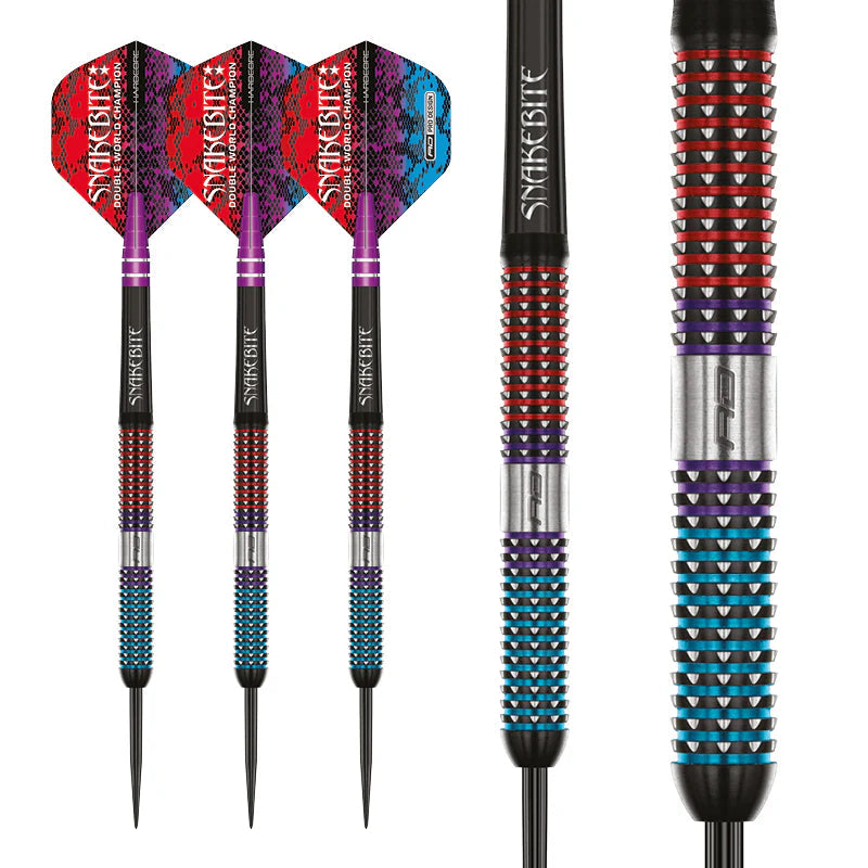 Three tungsten darts with vibrant red, purple, and blue grip rings and a close-up of the precision knurled barrel texture
