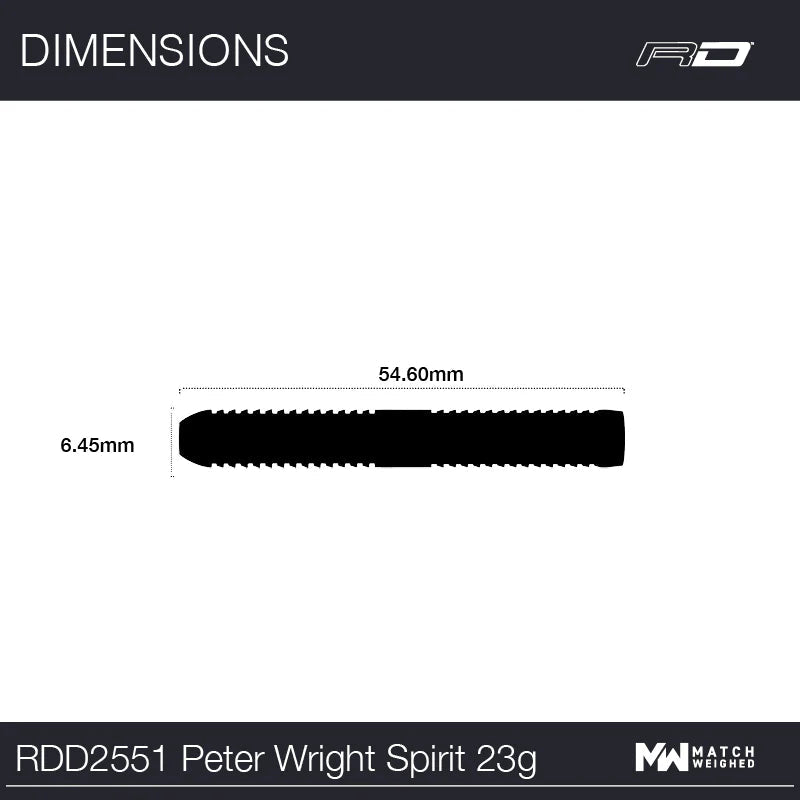 Side view of Peter Wright Spirit 23g tungsten dart barrel with 54.60mm length, 6.45mm width, scale reference for precise fit