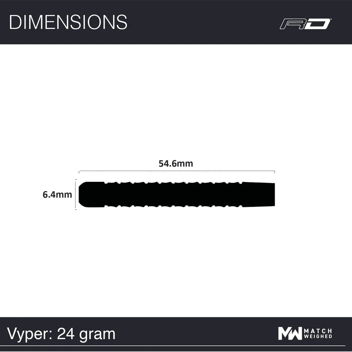Side view of 24g Peter Wright Vyper dart barrel, isolated on white, with 54.6mm length and 6.4mm diameter scale reference.