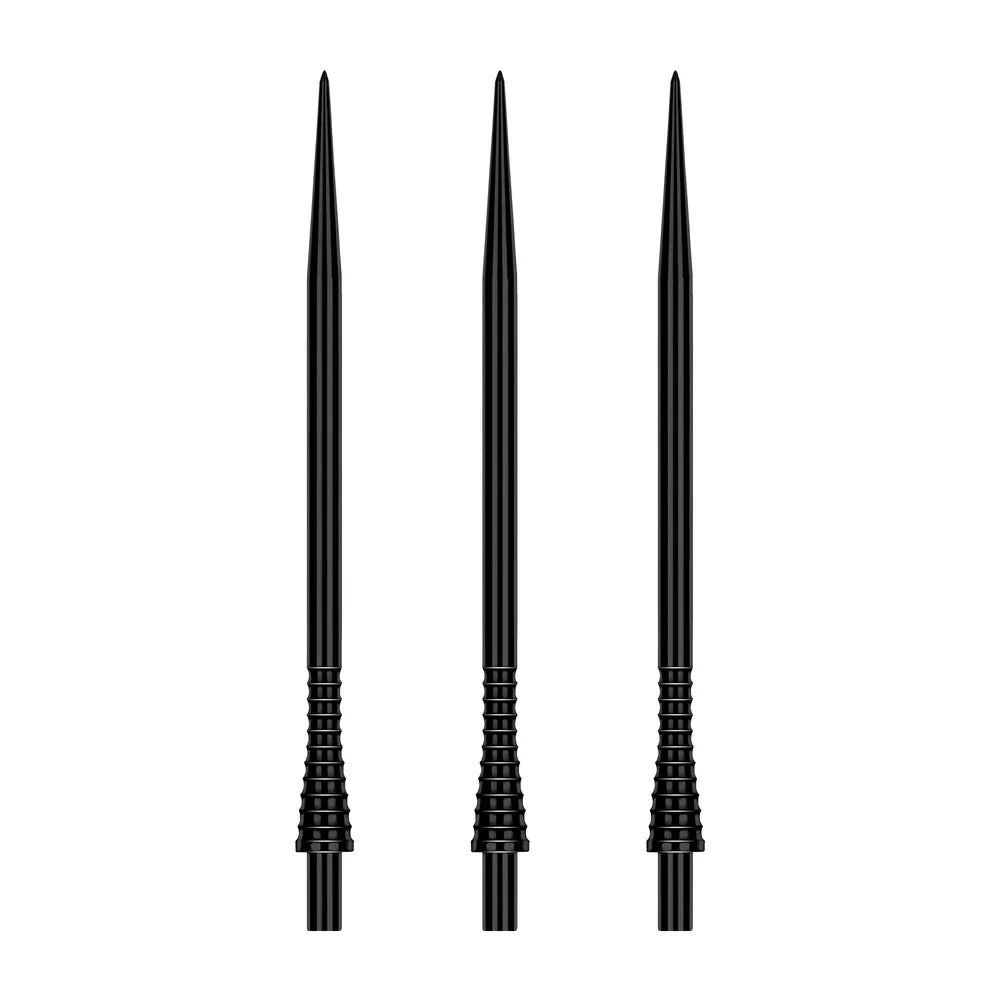 Three black raptor gripped dart points with ribbed grip texture, full product view on white background for dart accessories