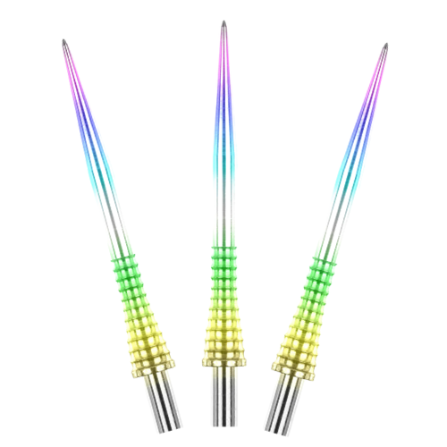 Three raptor gripped rainbow effect dart points angled upright, isolated on white background highlighting ergonomic grip and colored finish