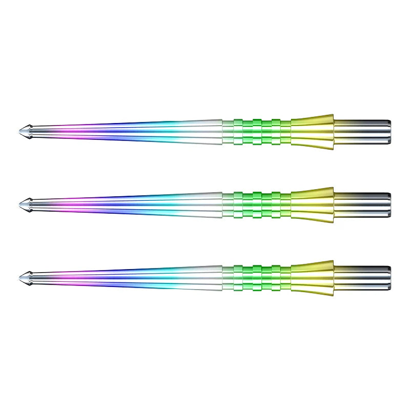 Three rainbow dart points with spearhead tips, ergonomic grip zone, isolated on white background, showcasing colorful gradient finish
