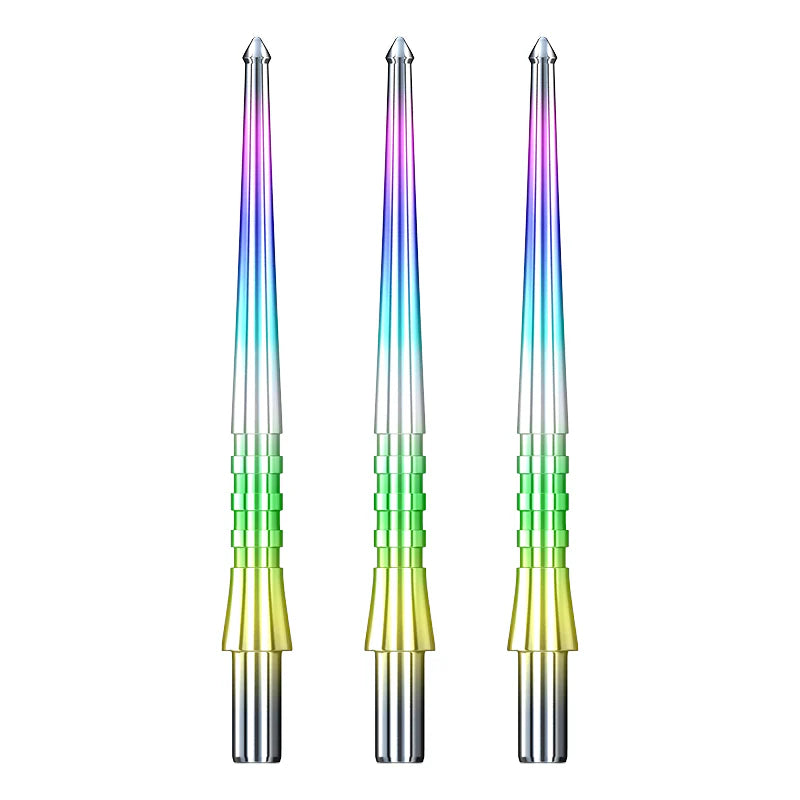 Three Raptor Rainbow dart points full view with spearhead tips, ergonomic grip zone, and rainbow finish on white background