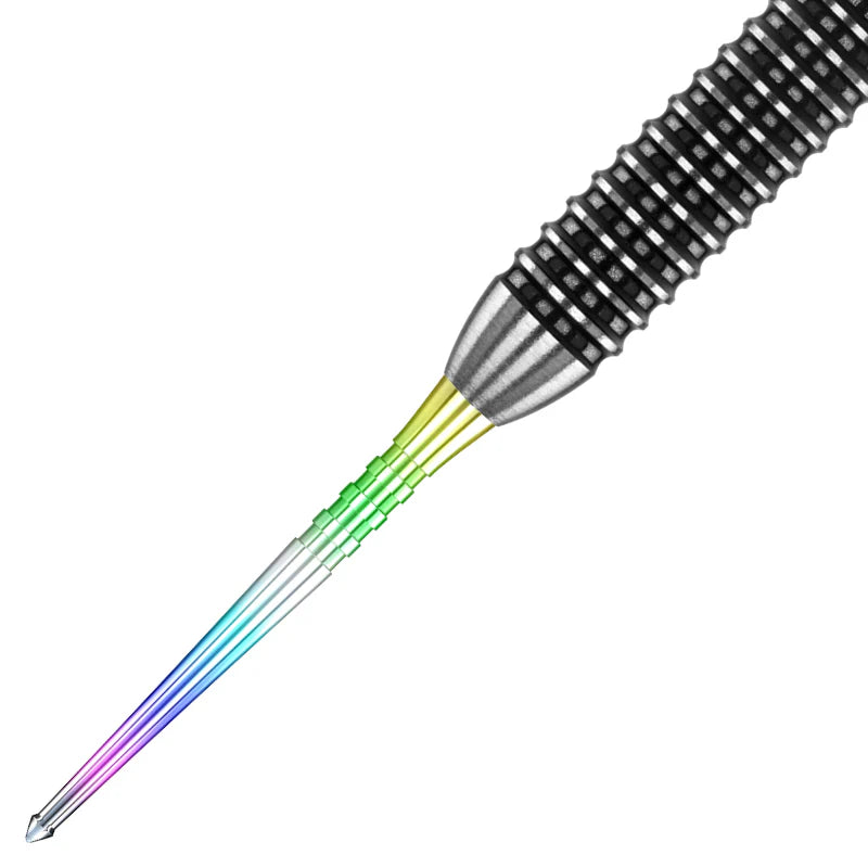 Rainbow dart point close-up showing spearhead tip, multicolor finish, and ergonomic grip for dartboard retention