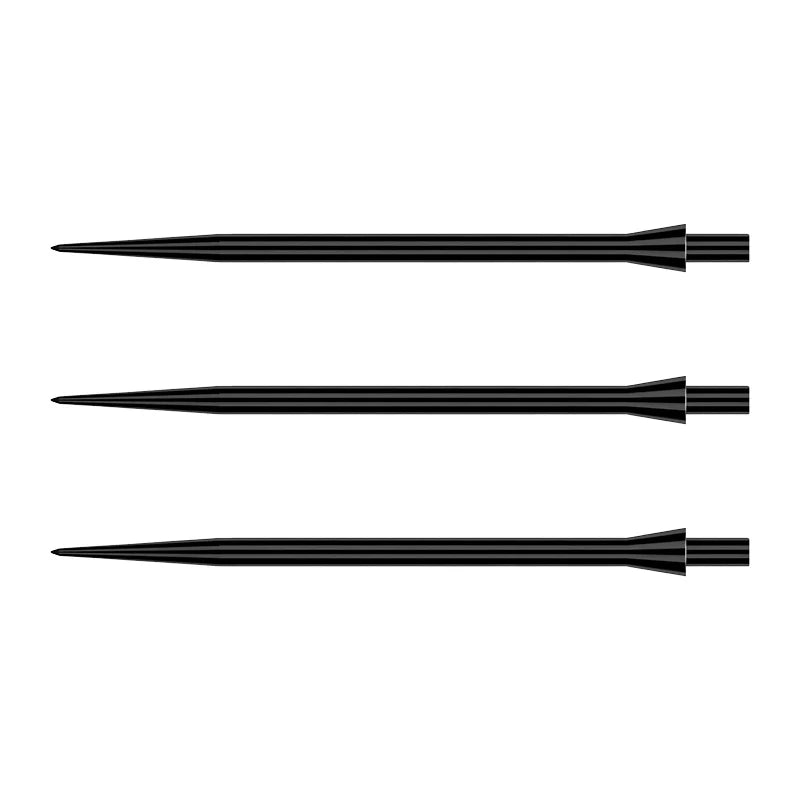 Three black smooth dart points with spearhead design aligned side by side on white background, flat lay angle