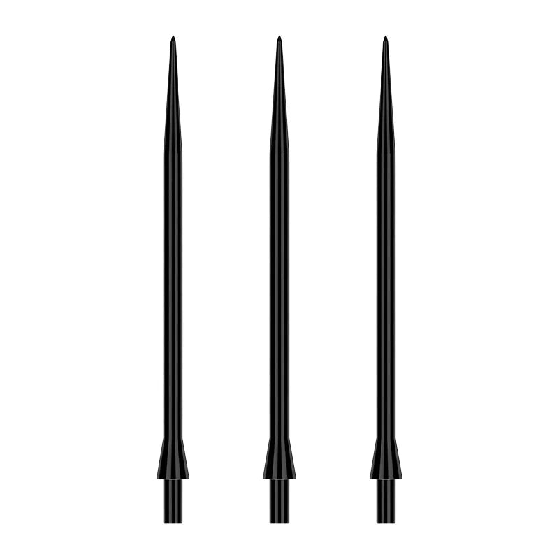 Set of three black smooth dart points with spearhead tip, full product view on white background for steel tip darts