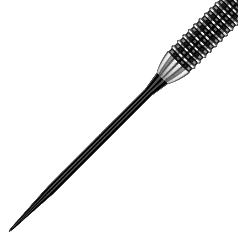Close-up angled dart point with smooth black spearhead tip and barrel connection, CNC-machined steel for dartboard retention