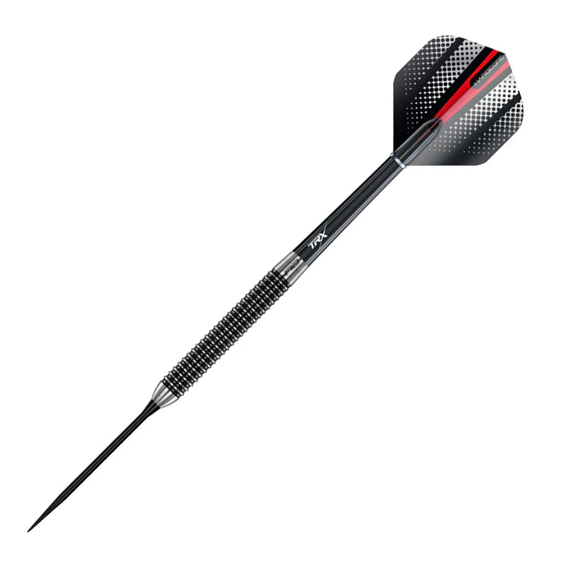 Black CNC machined dart with smooth spearhead point, detailed grip texture, and precision flight, isolated on white background