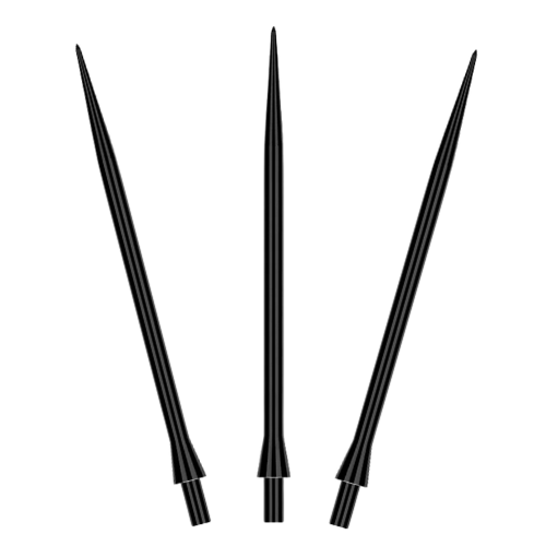 Three black smooth dart points with spearhead tip, CNC machined, isolated on white background for dart accessories