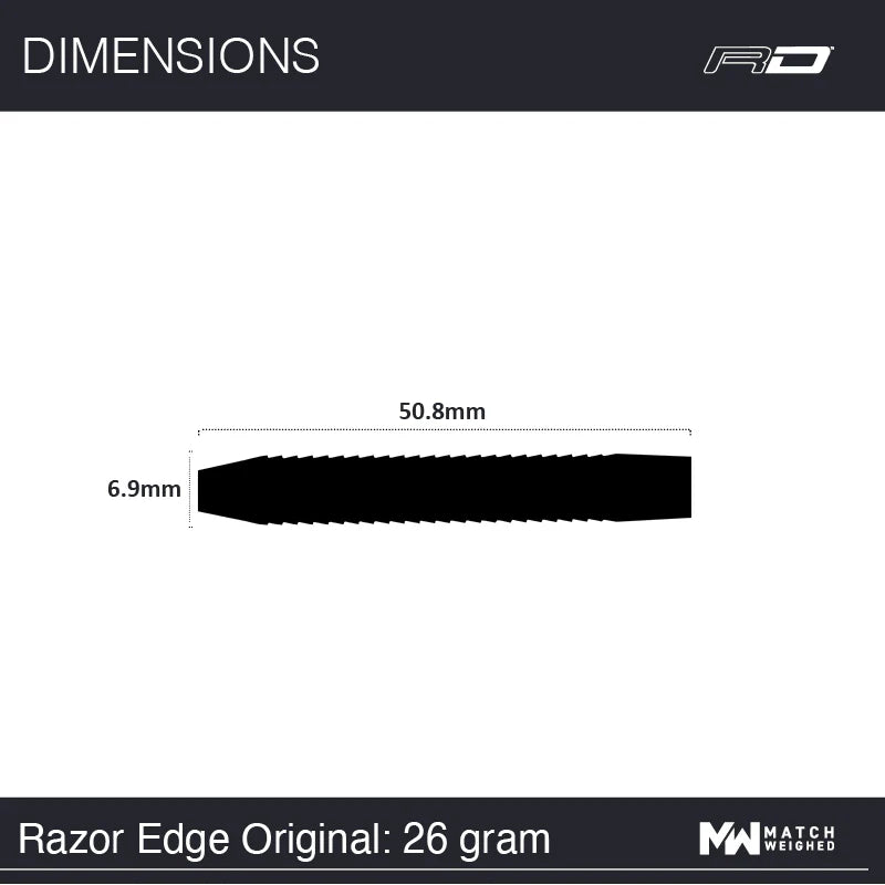 Dart barrel technical diagram with 50.8mm length and 6.9mm diameter, top-down view for tungsten dart buyers