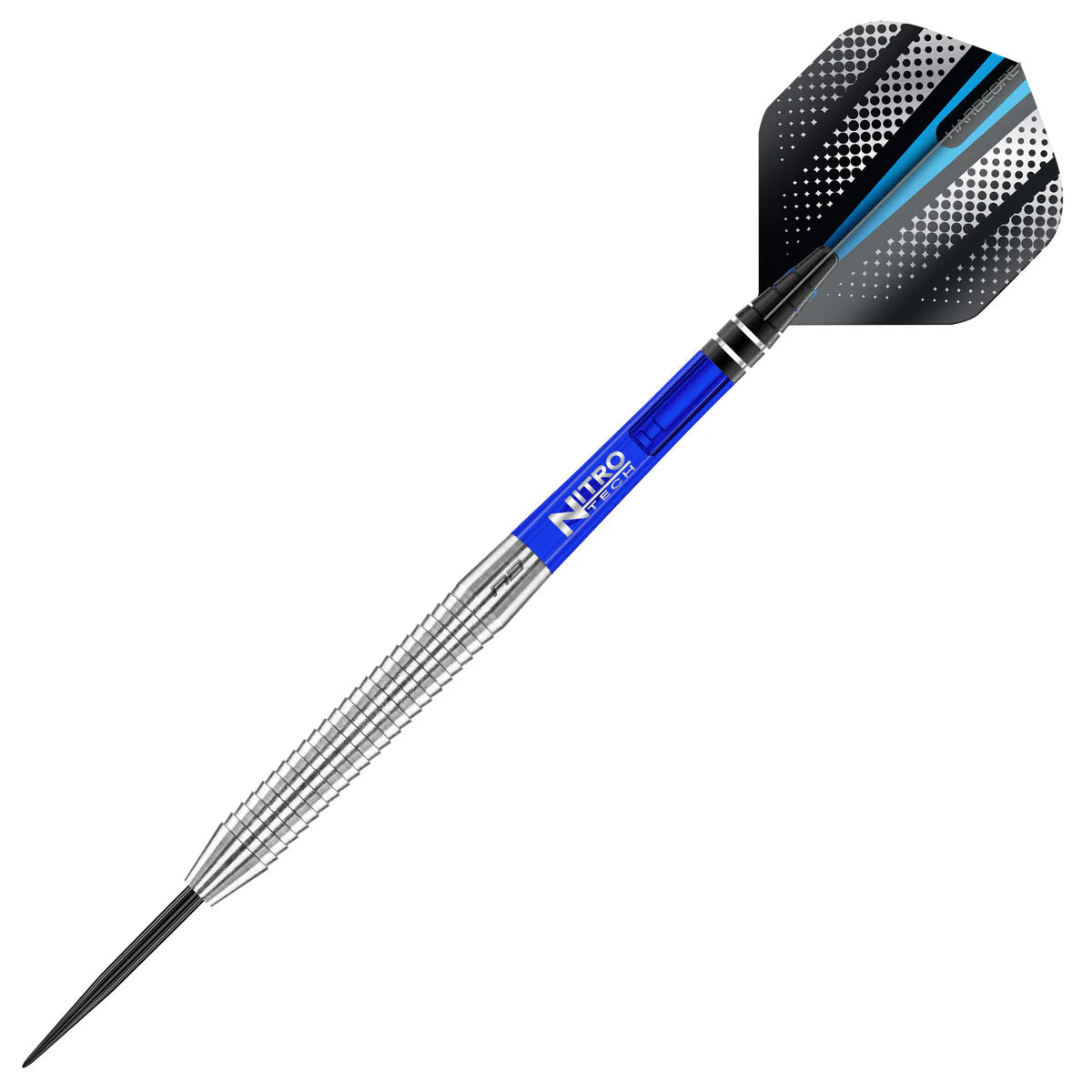 Angled view of tungsten dart with aggressive razor edge grip, blue Nitro Tech shaft, and black geometric flight isolated on white