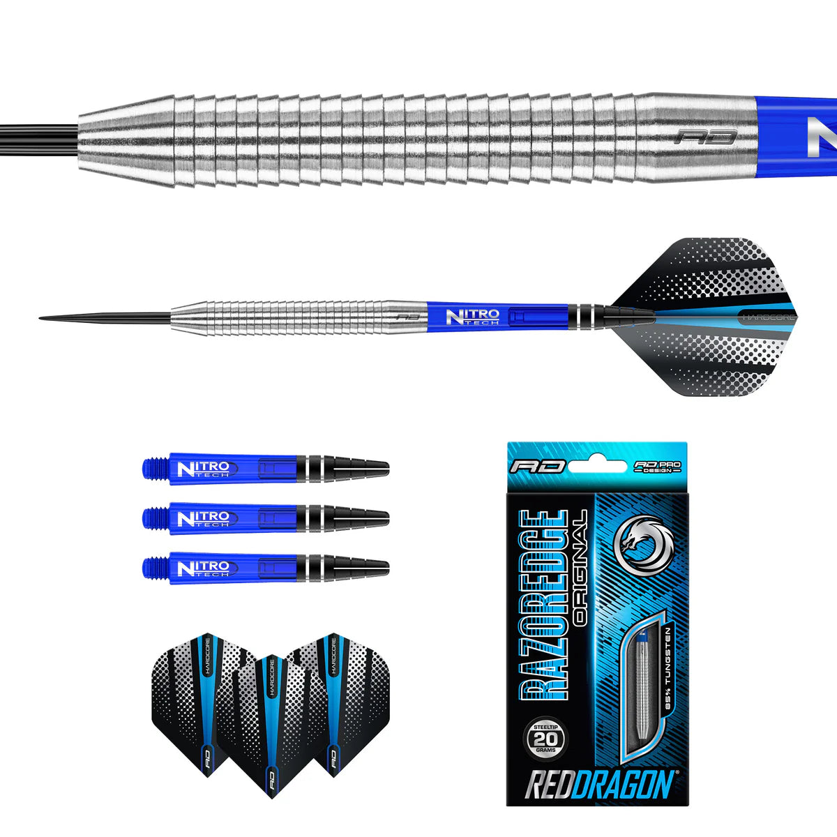 Steel tip tungsten dart set with aggressive barrel grip, blue shafts, black flights, and retail box, isolated on white background