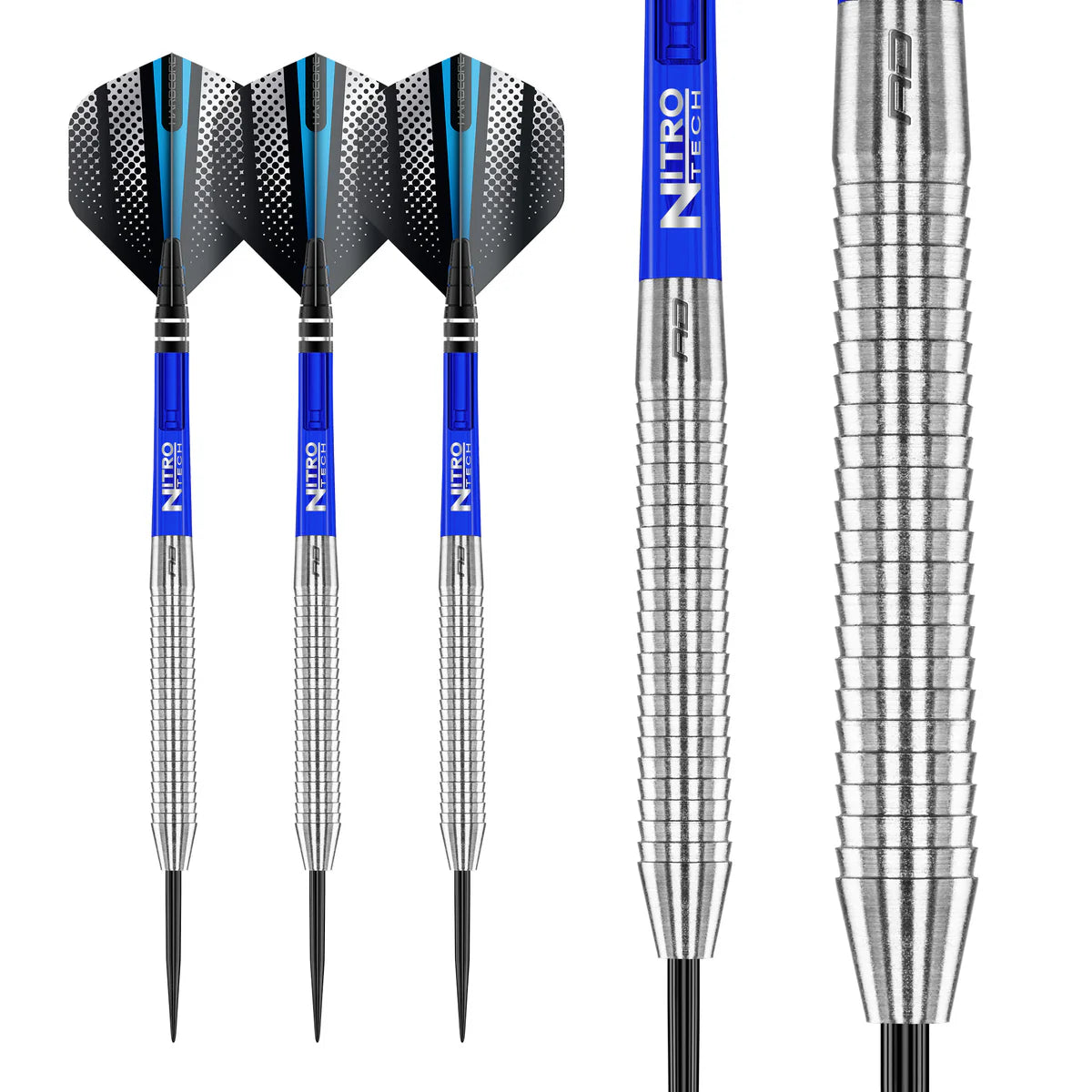 Three tungsten darts upright on white background with close-up of razor edge grip barrel and blue Nitro Tech shafts
