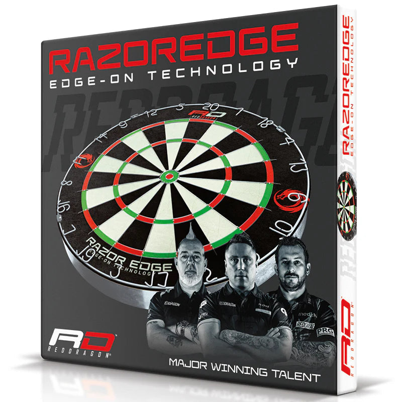 Angled view of dartboard packaging showing Razor Edge tournament dartboard graphic, WDF standards, and professional darts players