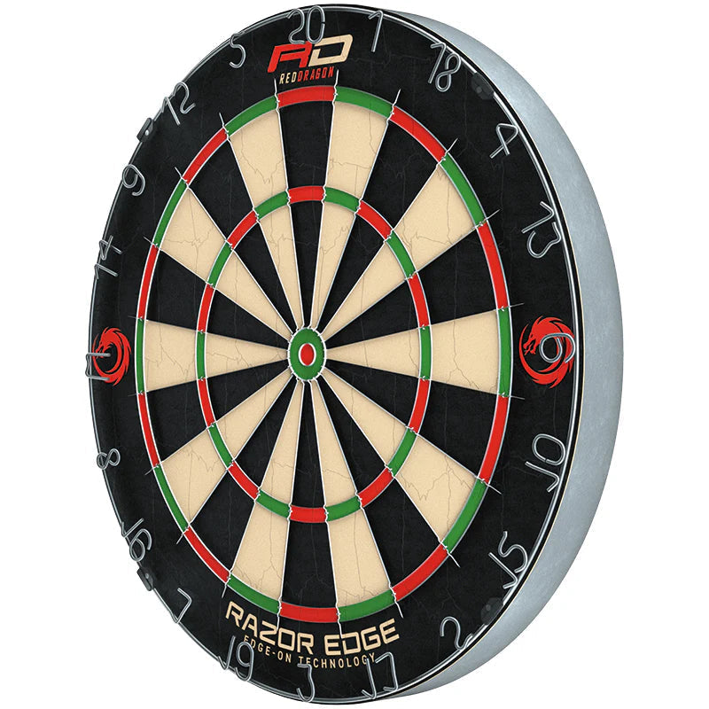 Angled view of Razor Edge dartboard with ultra-thin wire, staple-free bullseye, sisal surface, clear scoring zones