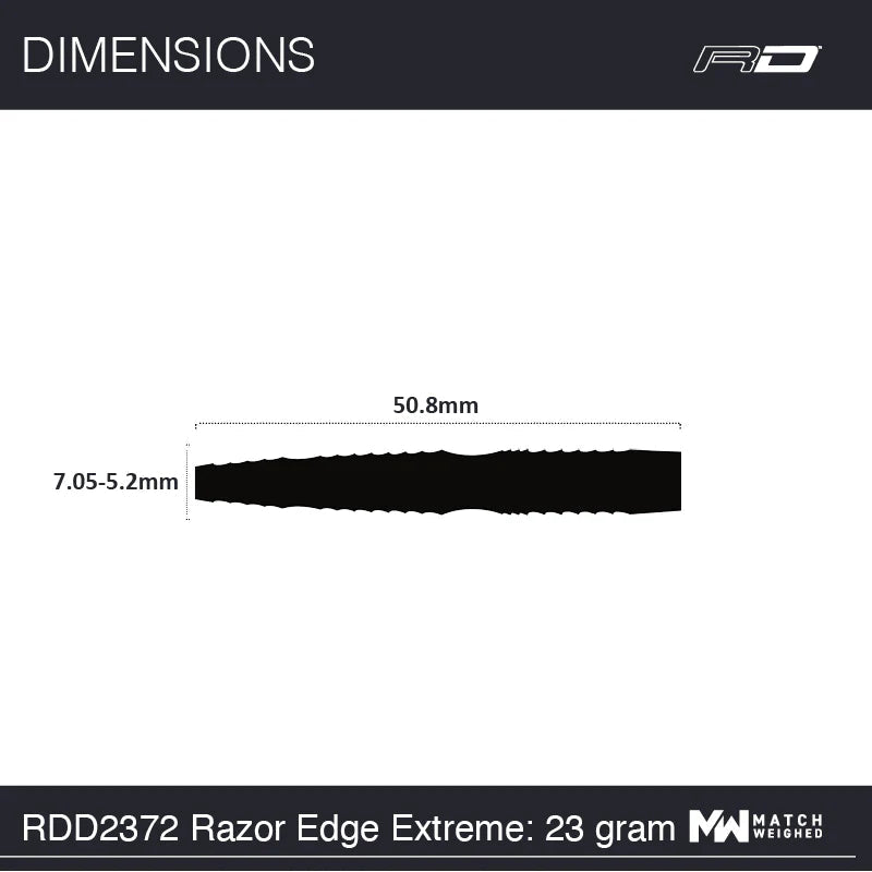 dart barrel side view with precise dimensions 50.8mm length and 7.05-5.2mm diameter, scale reference for tungsten dart buyers