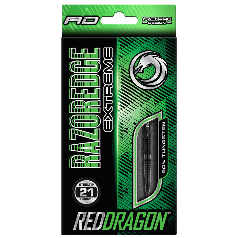 Front view of Razor Edge Extreme 90% tungsten steel tip darts in retail packaging with single dart barrel visible and 21g weight label