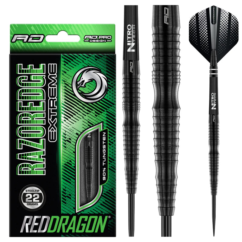 Steel tip tungsten darts with razor edge grip, close-up of barrel texture, full product view with packaging and flights
