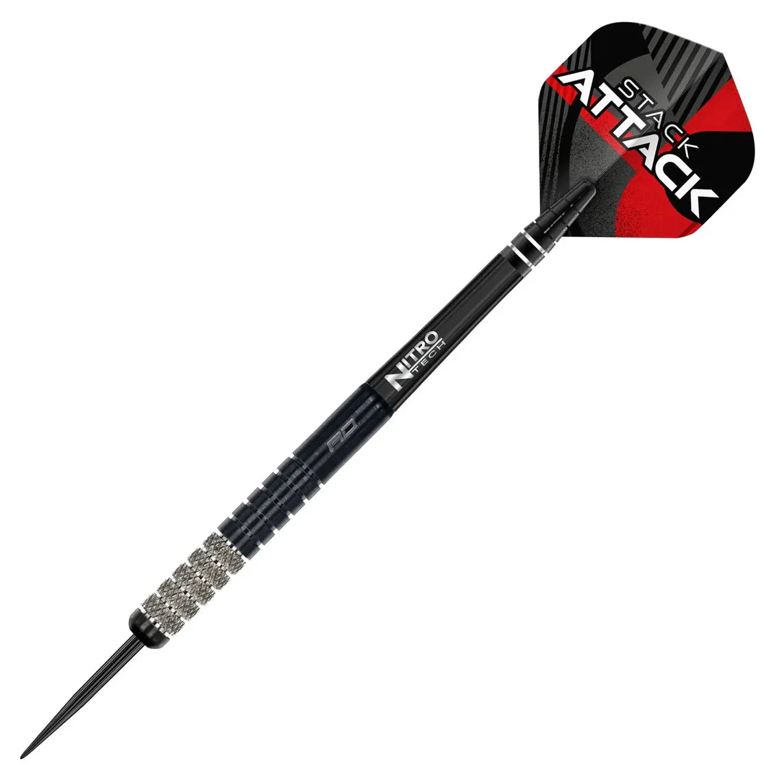 Angled full view tungsten dart with knurled grip, black point, Nitro Tech shaft, and red-black Stack Attack flight on white background
