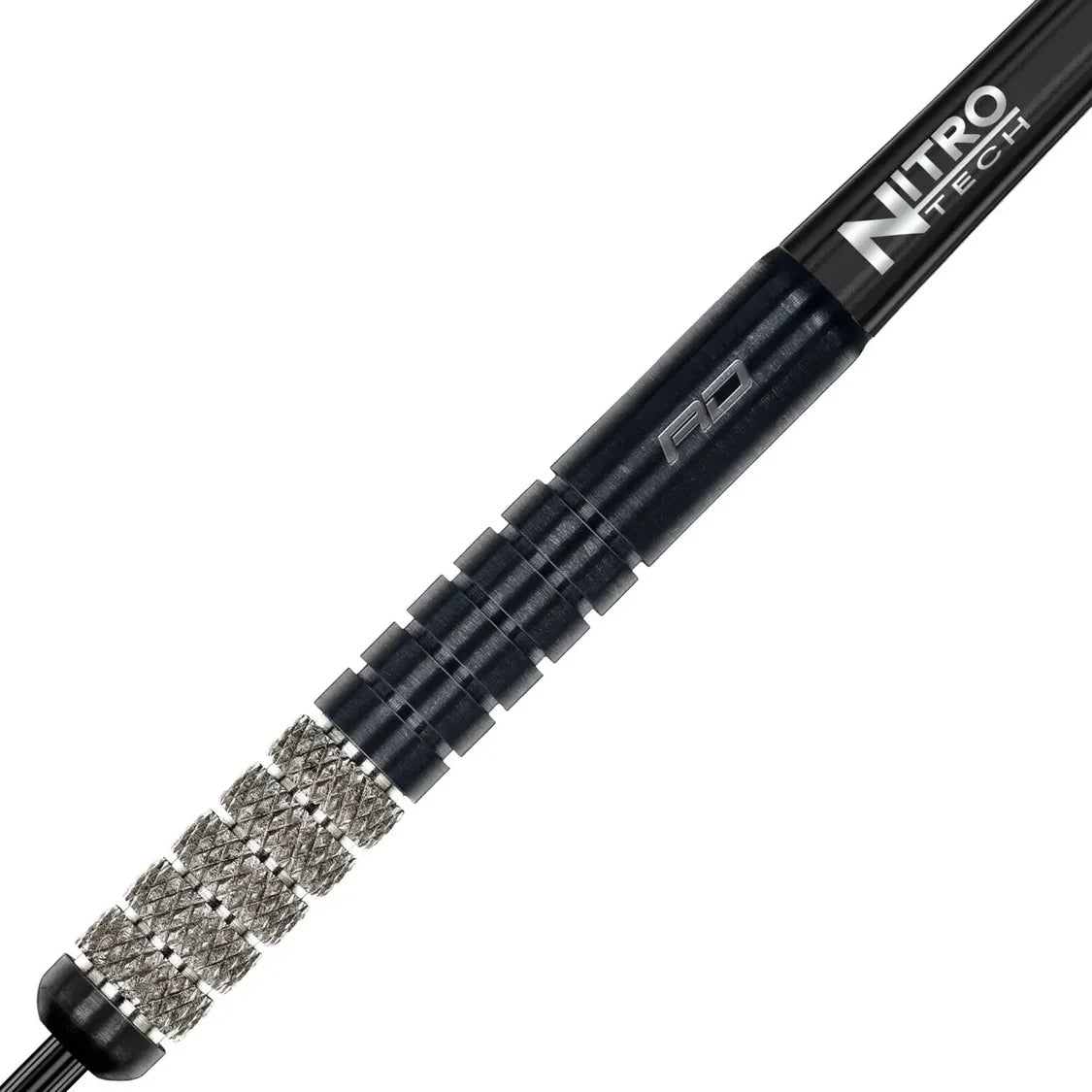 Close-up of tungsten dart barrel showing detailed grip texture, engraved logo, and knurled rings ideal for dart players