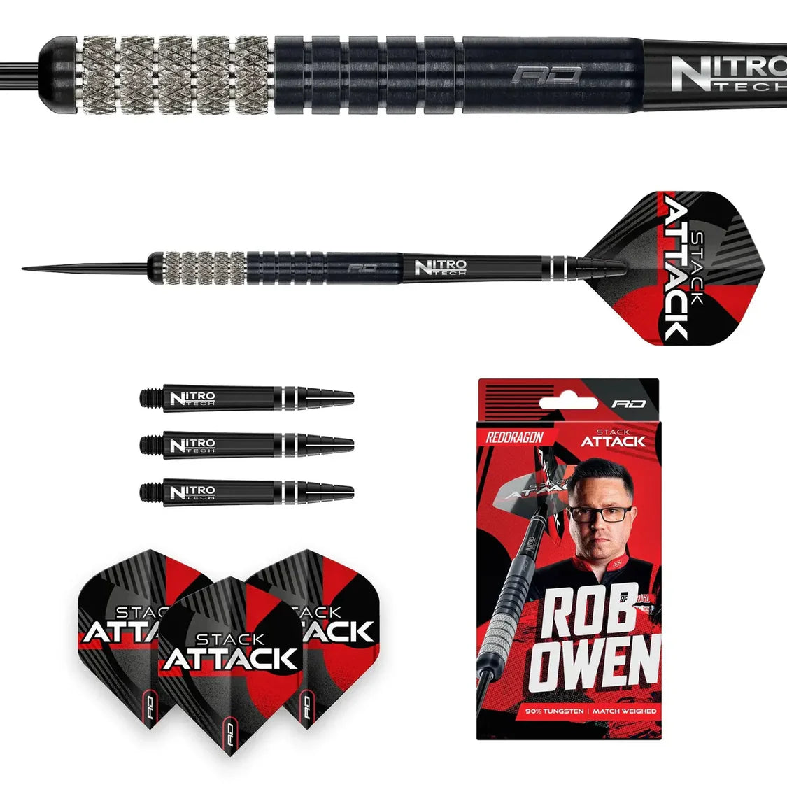 Rob Owen 90% tungsten darts set with knurled grip close-up, full dart view, spare NitroTech shafts, flights, and retail packaging on white