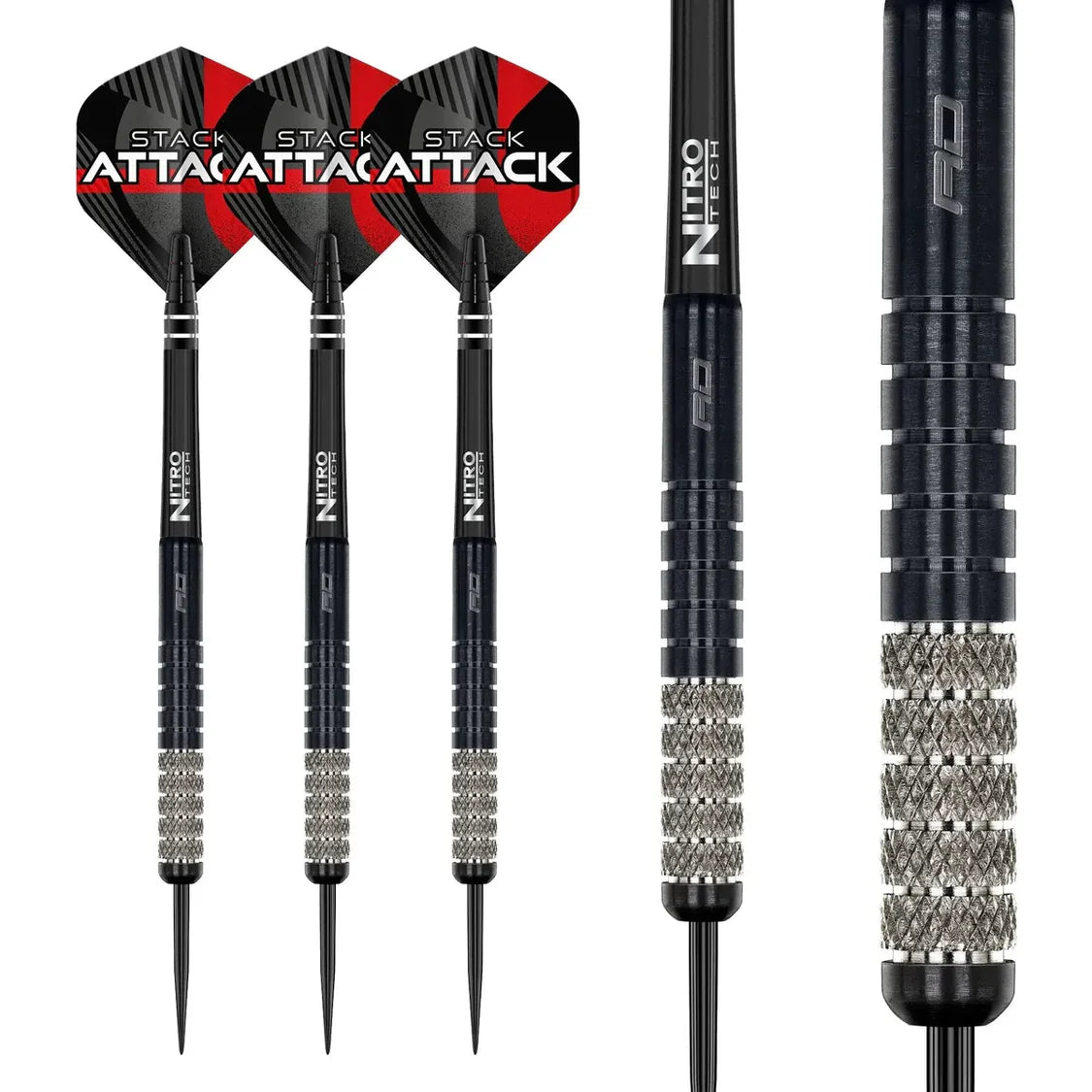 Angled and close-up shots of 90% tungsten darts showing knurled grip, black barrels, red flights, and sharp steel tips for precision play.