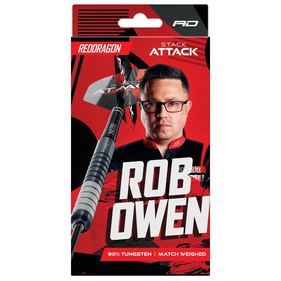 Full packaging view of Rob Owen 90% tungsten darts set featuring dart with detailed grip and flight, ideal for precision dart players