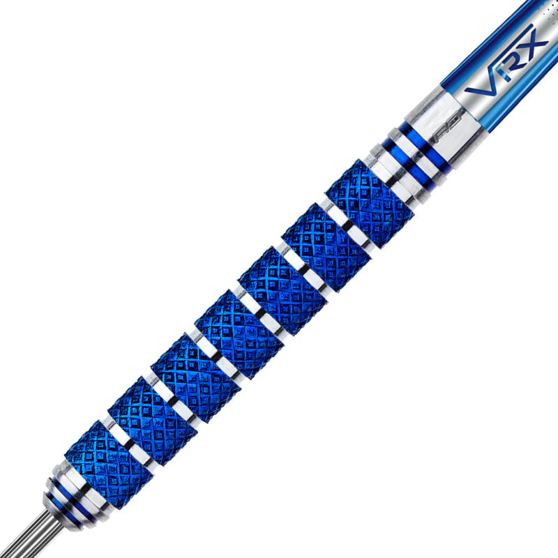 Close-up of blue diamond-cut tungsten dart barrel grip texture with silver rings, isolated on white background