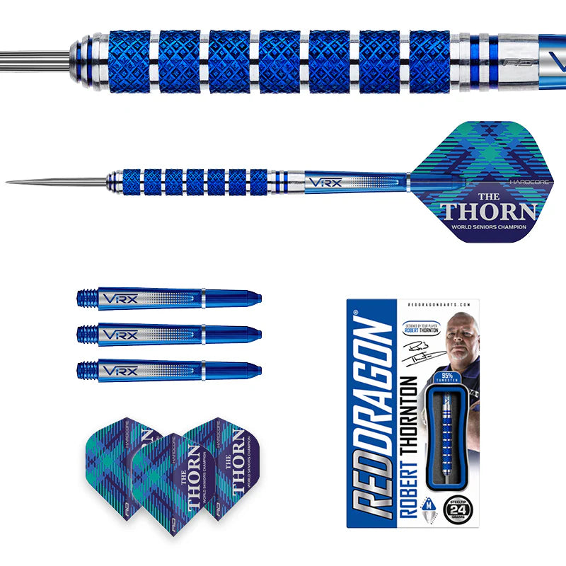 Dart set with macro barrel grip detail, full assembled dart, spare blue shafts and flights, and retail box, isolated on white background