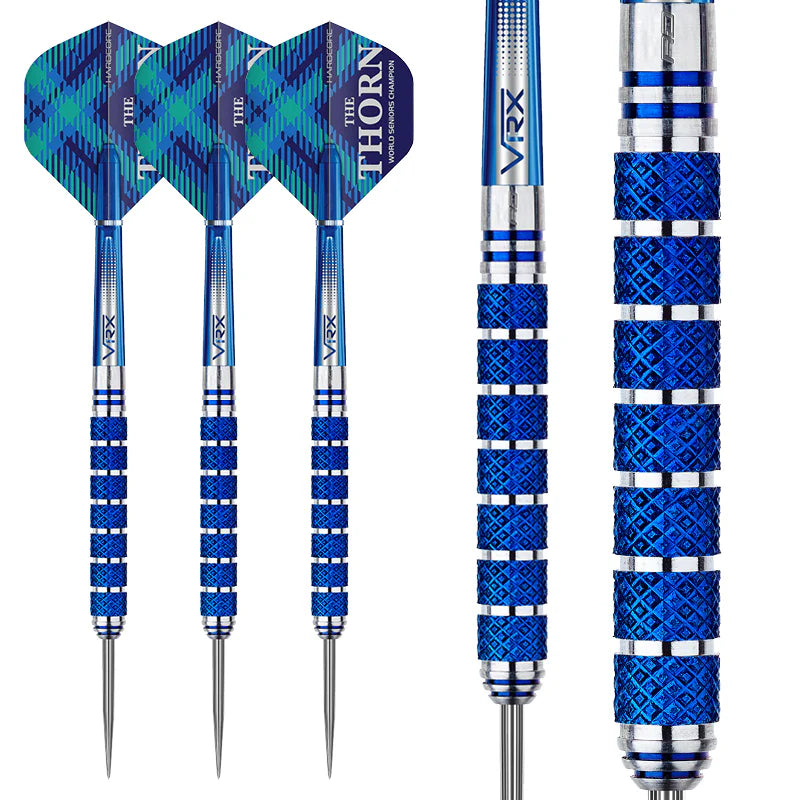 Three 95% tungsten darts with blue knurled grip and patterned flights, plus macro close-up of detailed barrel grip texture on white background