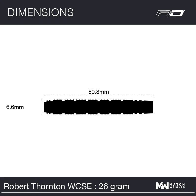 Top-down view of 26g Robert Thornton tungsten dart barrel showing 50.8mm length and 6.6mm diameter with scale reference