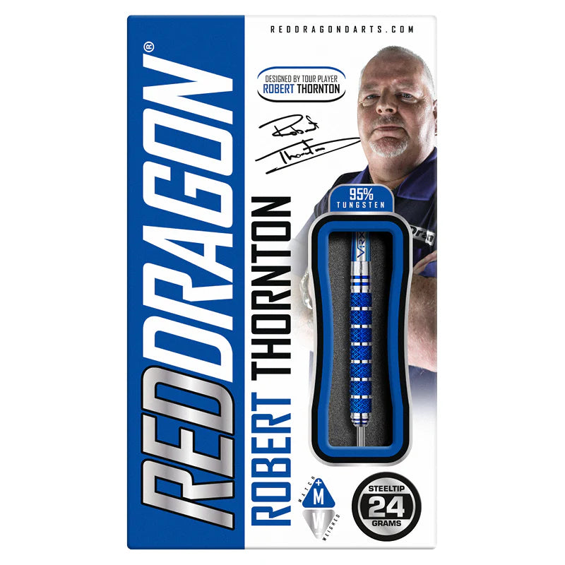 Robert Thornton 95% tungsten steel tip dart in retail packaging, blue grip rings, 24 grams, single dart visible, full product view