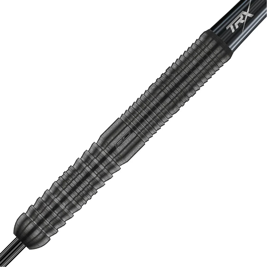 Macro close-up of tungsten dart barrel, highlighting precision grip texture and black onyx finish for enhanced dart control