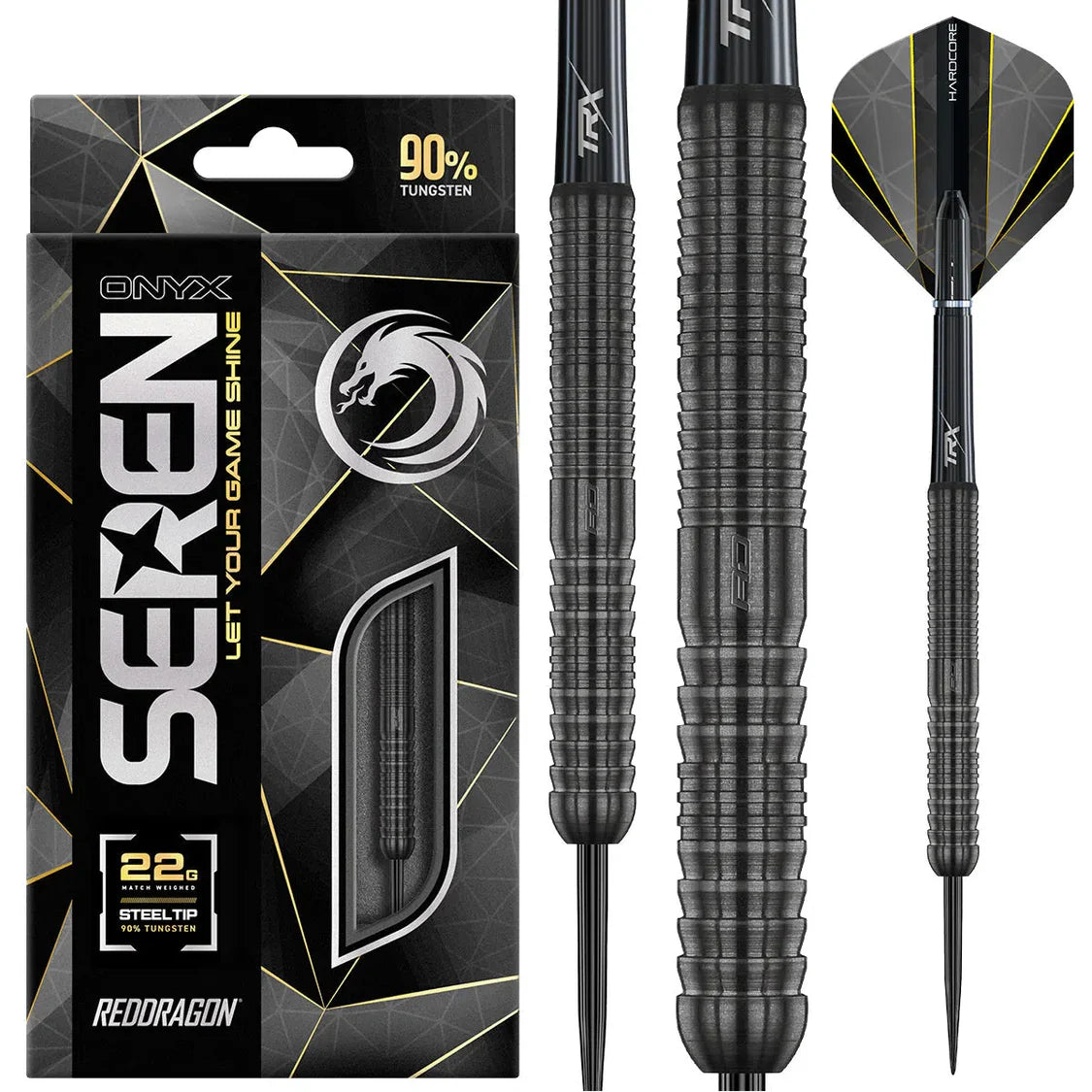 90 percent tungsten steel tip darts with textured black grip, full dart view, close-up barrel, and retail packaging on white background