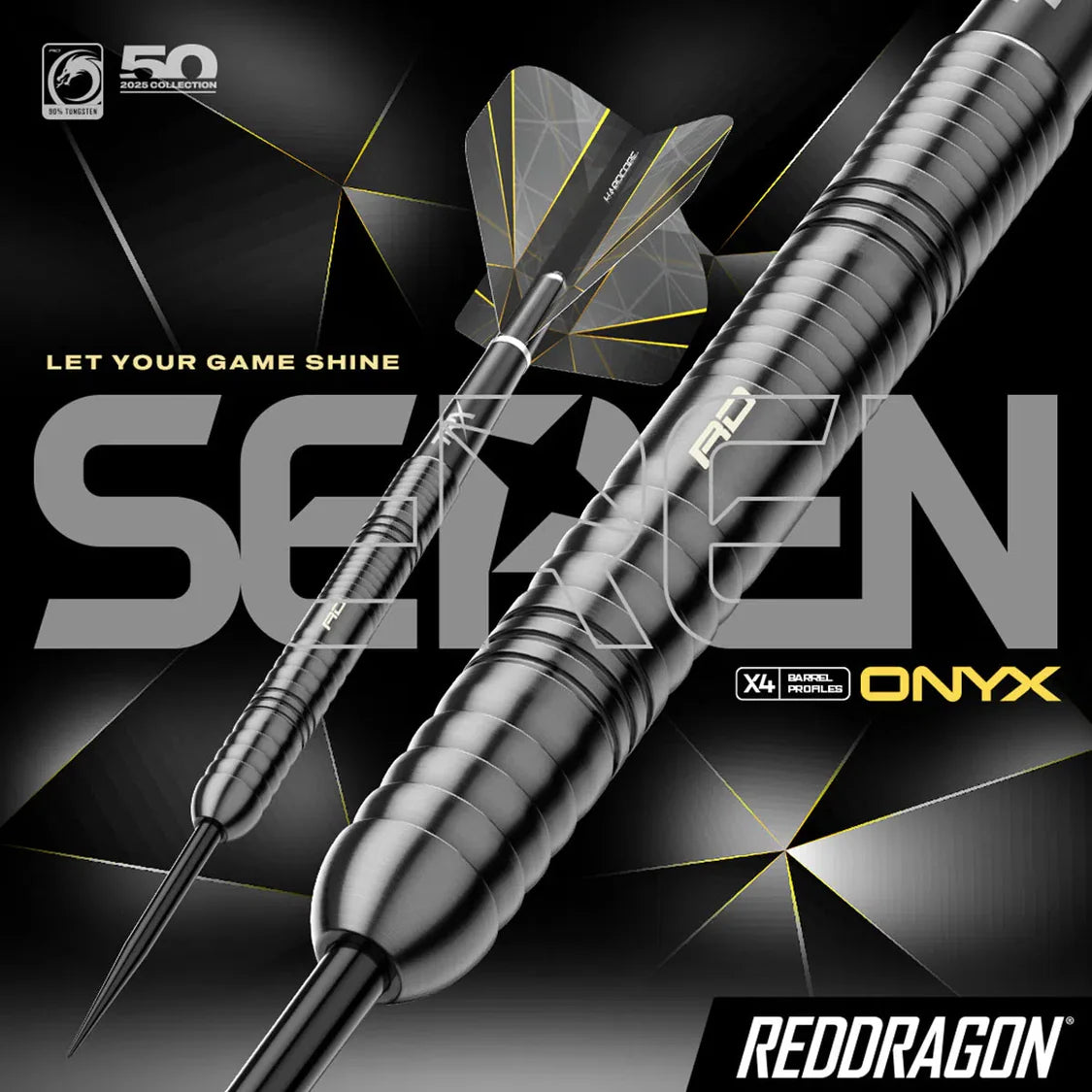 Angled close-up of tungsten dart showing detailed barrel grip texture and geometric black onyx flight, ideal for dart equipment buyers